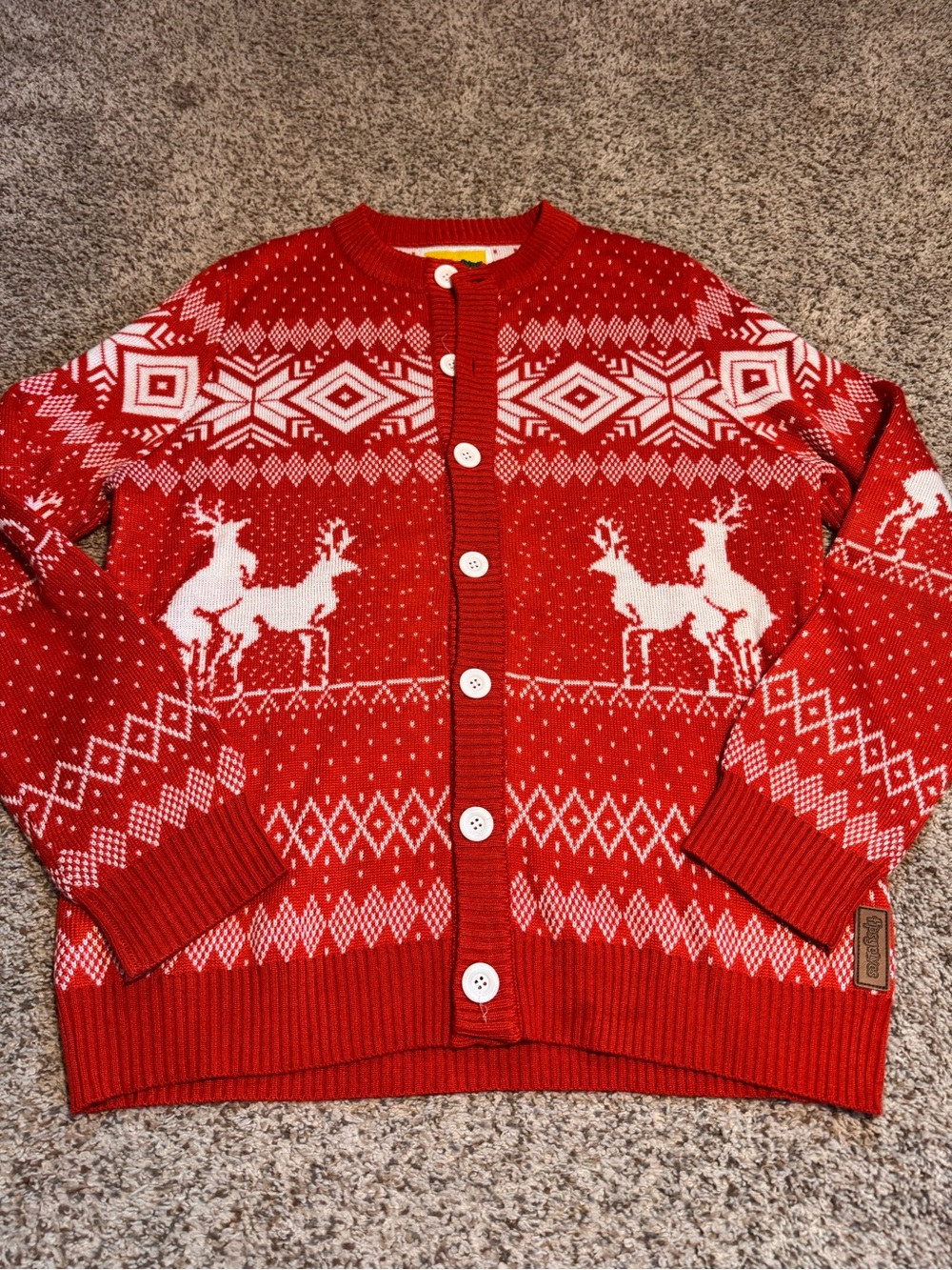 Tipsy Elves Red and White Frisky Reindeer Button-Up Cardigan - L